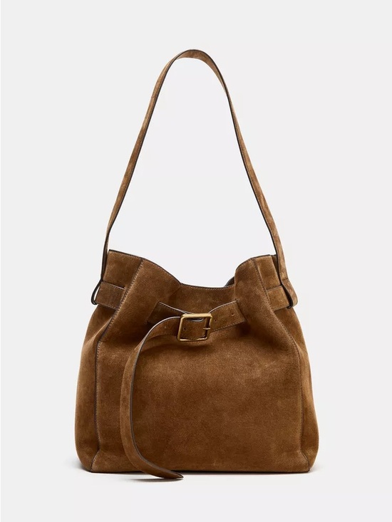 Zara Handbags - Suede 100% real leather Bucket Shoulder Bag in Brown with Belt detail